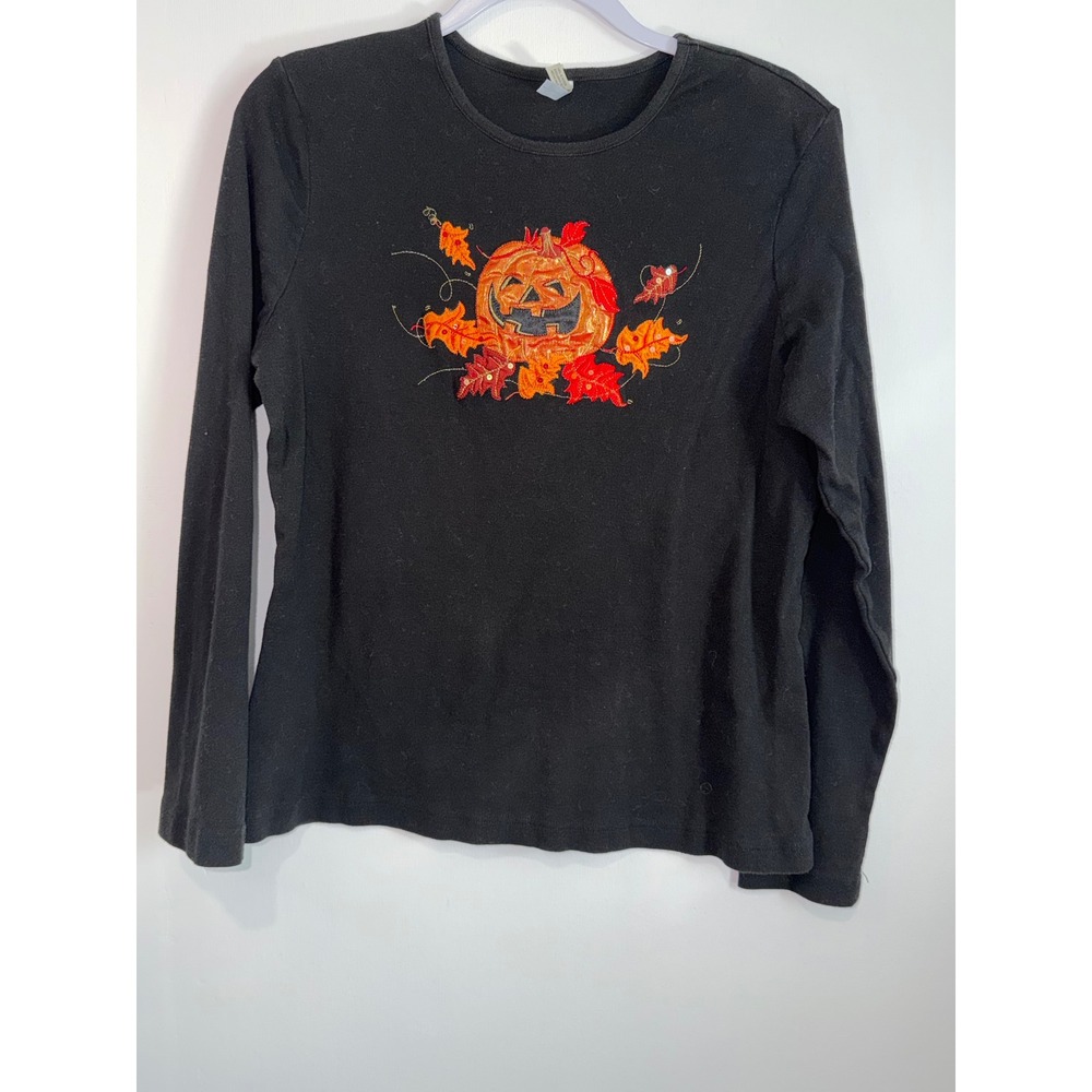 White Stag Vintage Halloween Pumpkin Embroidered Shirt Top L Black Long Sleeve
